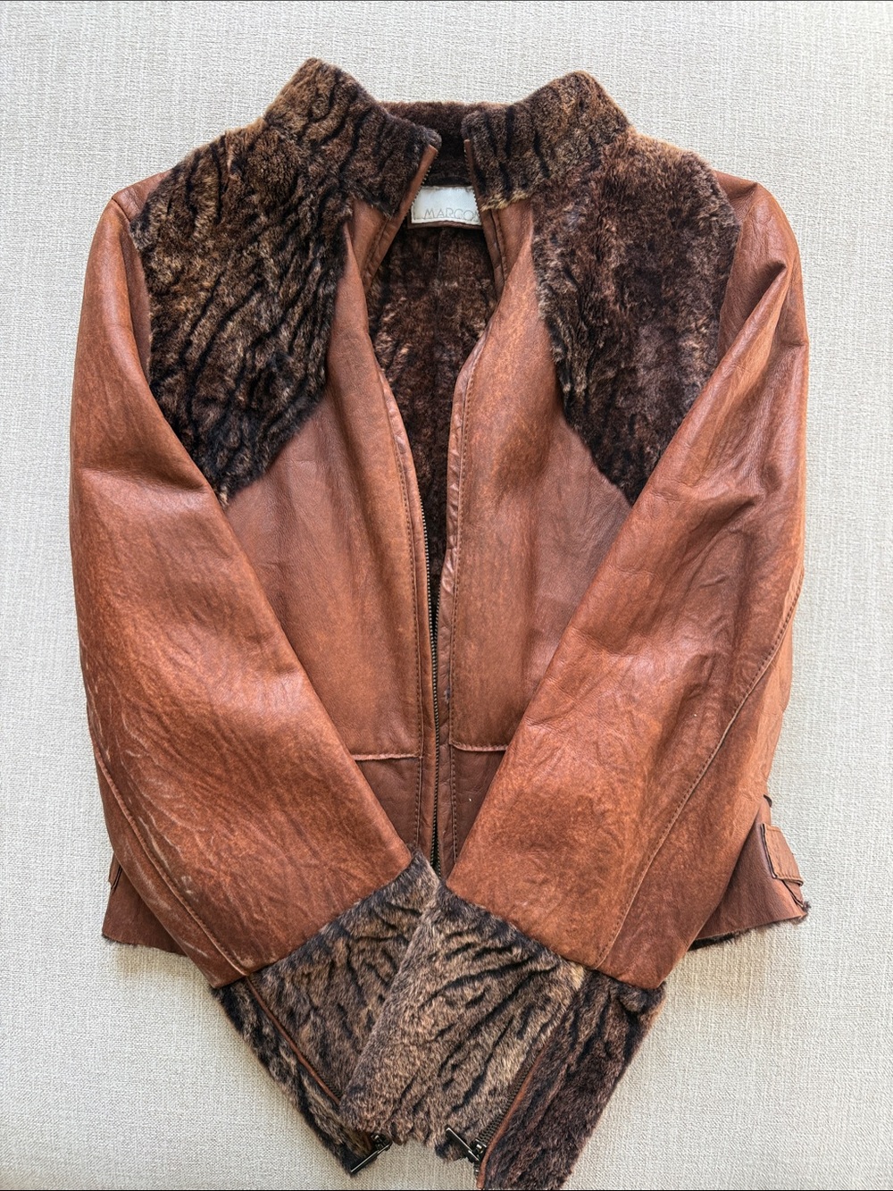 Brown Leather Jacket (sheepskin) with Contrast Fur Trim Made in Italy